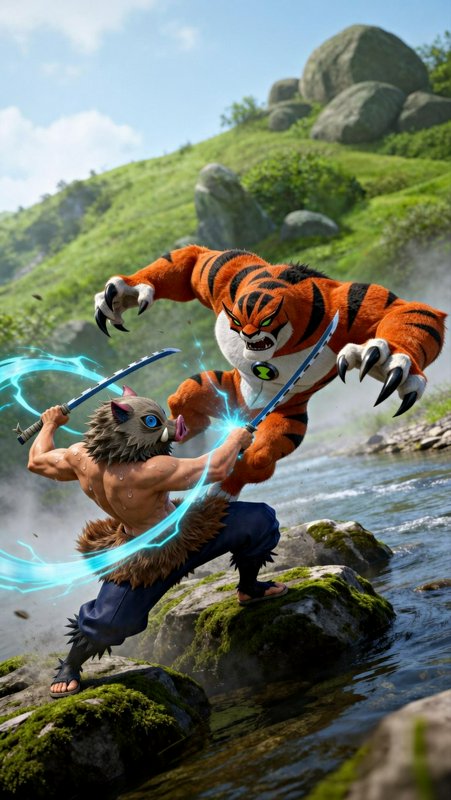 3D crossover fan art of Inosuke Hashibira clashing in battle with Ben 10's Rath atop mossy river ...