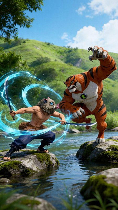 3D crossover battle between boar-masked Inosuke Hashibira and Ben 10's tiger alien Rath on mossy ...