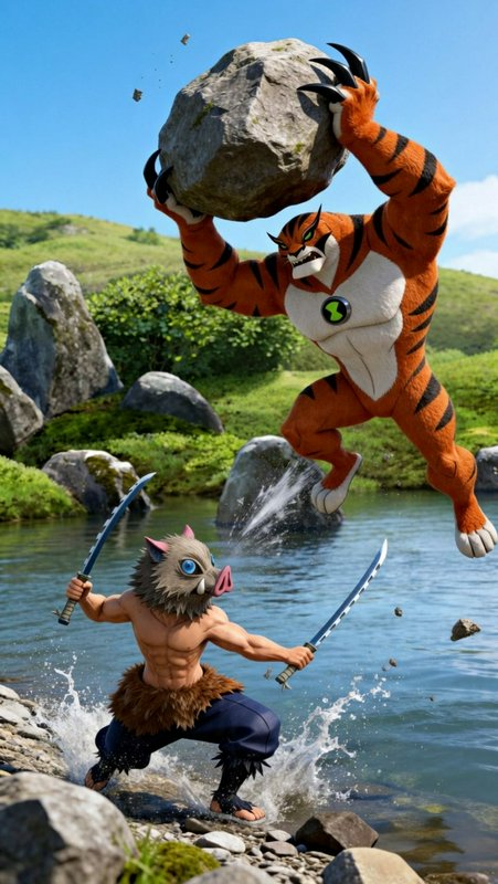 3D crossover battle render: Inosuke from Demon Slayer fights Ben 10's Rath tiger alien on a sunny...
