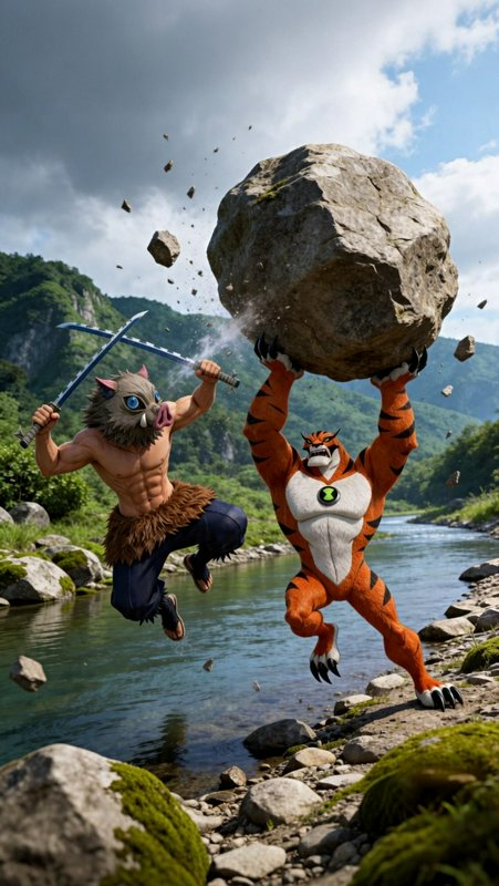 Dynamic crossover battle between boar-masked Inosuke and Ben 10's Rath on a rocky mountain river ...