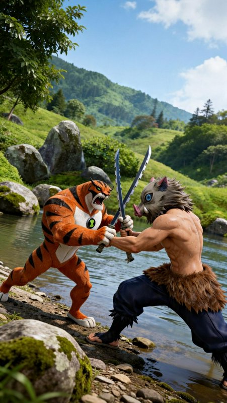 3D render of Ben 10's Rath clashing swords with Demon Slayer's Inosuke on a sunny rocky riverbank