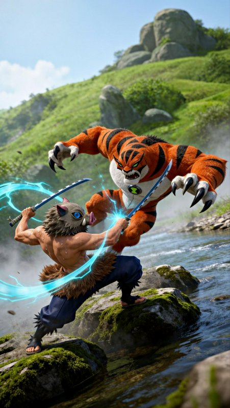 3D rendered crossover battle: boar-masked Inosuke fights striped tiger Ben 10 alien on mossy rive...