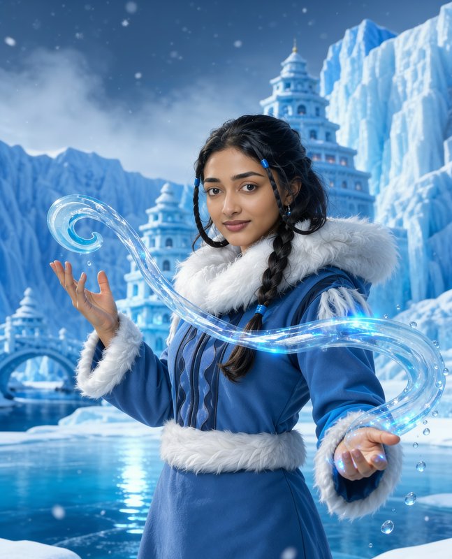 Waterbender character conjures glowing swirling magical water in a frozen ice village with fallin...
