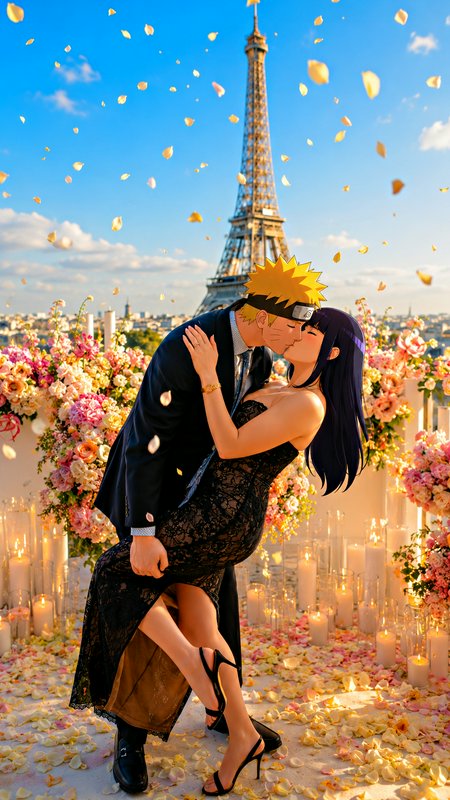 Naruto Uzumaki dips and kisses Hinata Hyuga at a flower-filled Paris rooftop ceremony with the Ei...
