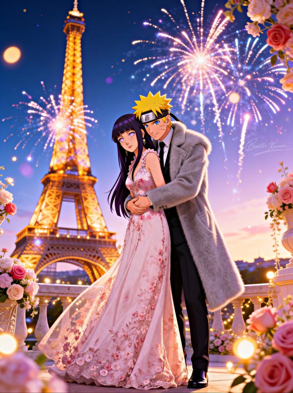 Anime art of Naruto and Hinata embracing formally on a Paris balcony, with the lit Eiffel Tower a...