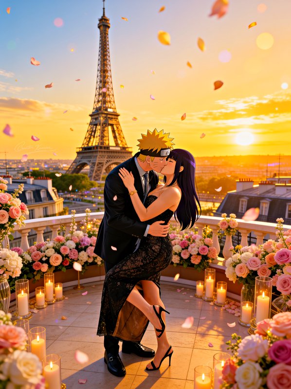Anime couple Naruto and Hinata kiss on a candlelit Paris balcony overlooking the Eiffel Tower at ...