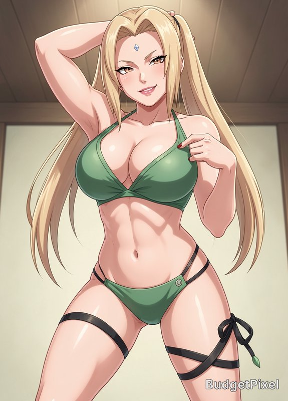 Anime fan art of Naruto character Tsunade posing confidently in a green bikini, with long blonde ...