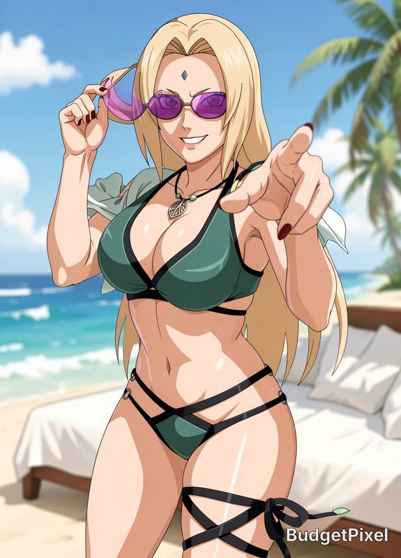 Anime illustration of Naruto character Tsunade in a green bikini holding purple sunglasses, point...