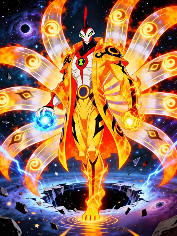 Anime crossover fusion of Ben 10 alien and Naruto Kurama mode holding energy orbs in cosmic outer...