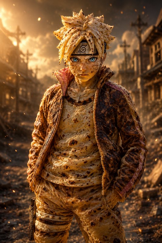 Surreal food-themed Naruto Uzumaki figure made of grilled flatbread stands in a destroyed village...