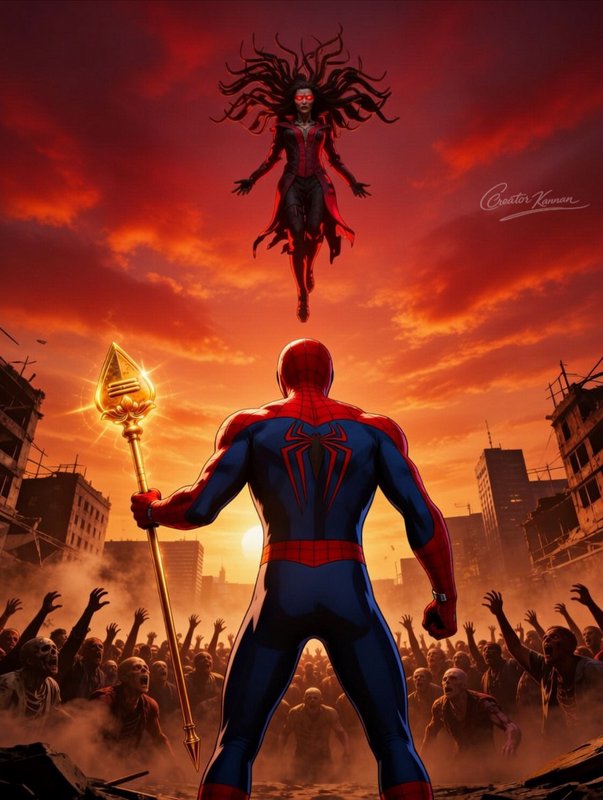 Spider-Man holds a glowing golden staff facing a floating villainess above a zombie horde in a ru...