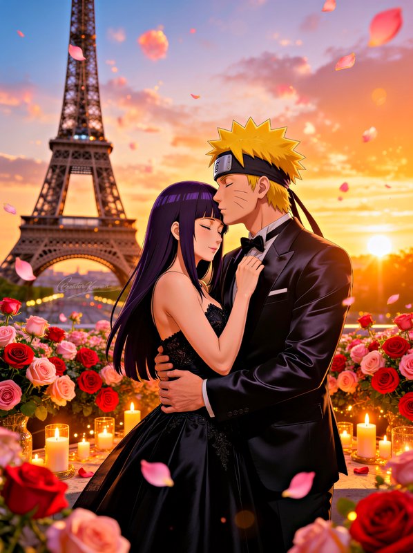Tender embrace between Naruto and Hinata in formal wear, set against the Eiffel Tower at a glowin...