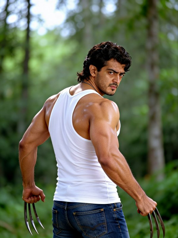 Muscular Ajith Kumar wields Wolverine-style claws, looking intensely over his shoulder in a sunli...