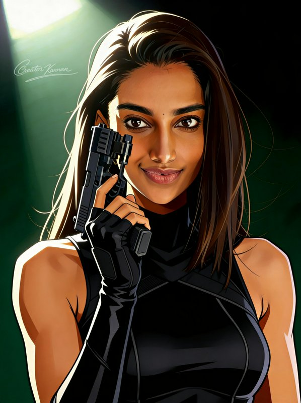 Illustrated portrait of a confident South Asian female spy holding a handgun, lit by dramatic spo...