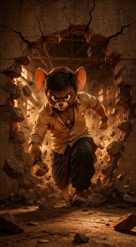 Anthropomorphic tough Jerry Mouse bursts through a crumbling cracked concrete wall in an intense ...