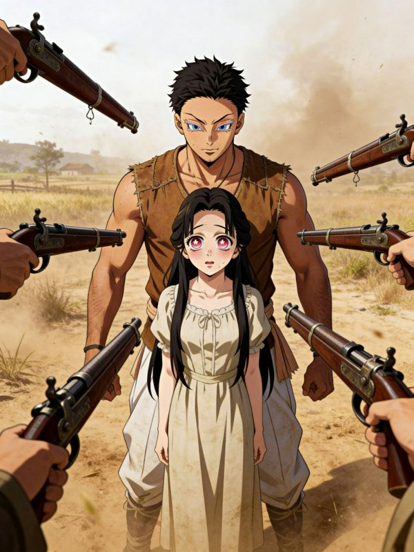Anime illustration of a protective man and frightened woman surrounded by aimed flintlock rifles ...
