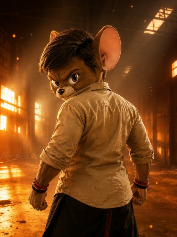 Stern anthropomorphic Jerry Mouse stands in a gritty industrial warehouse, staring over his shoul...