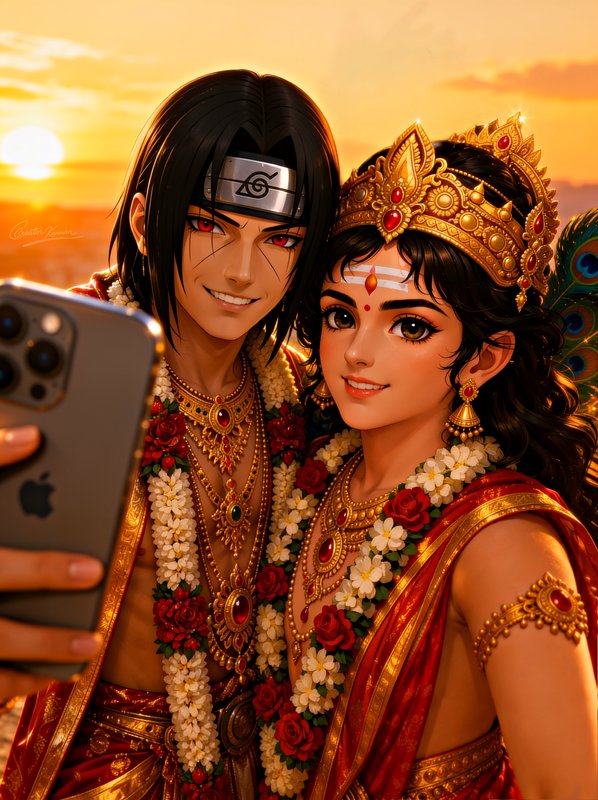 Anime Itachi Uchiha and stylized Lord Krishna in ceremonial wedding attire take a selfie at golde...