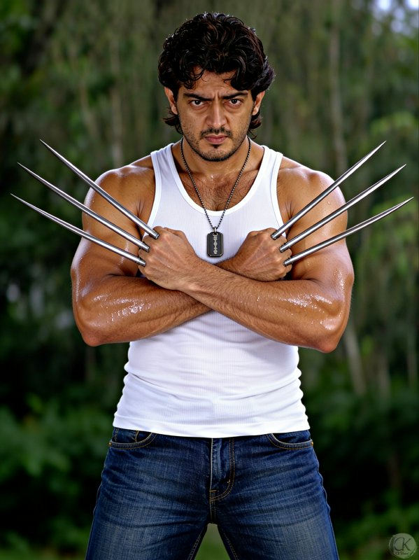 Muscular Ajith Kumar poses with crossed arms holding sharp metal claws, intense expression agains...