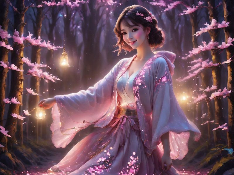 Smiling fantasy woman in pink hanfu holds a glowing lantern in a misty twilight cherry blossom fo...