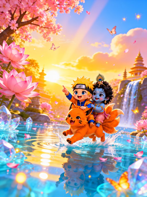 Chibi Naruto and baby Lord Krishna ride fluffy Kurama across a magical lotus pond under a glowing...