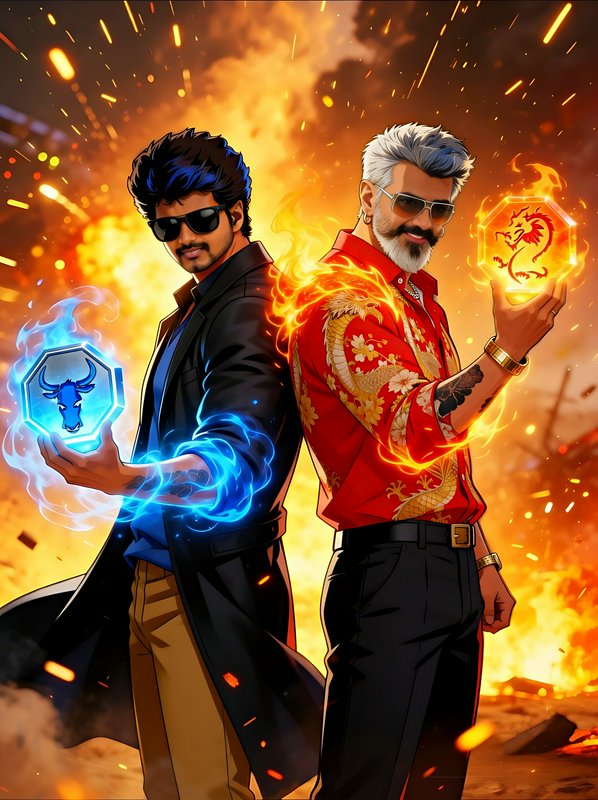 Stylized anime art of two action heroes standing back-to-back holding glowing sigils against a fi...