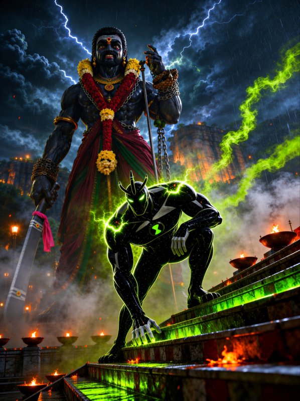 Glowing neon Ben 10 alien crouches on temple steps, towering Hindu deity statue looms behind unde...