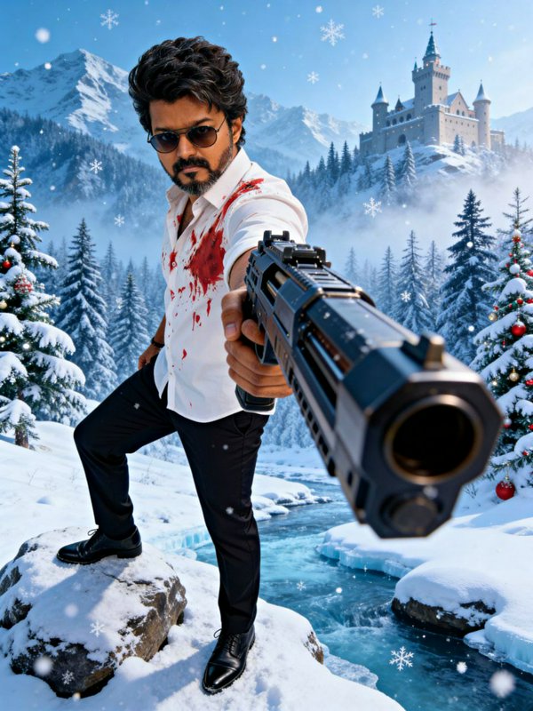 Tamil actor Thalapathy Vijay points a futuristic rifle at the viewer, standing in a snowy alpine ...