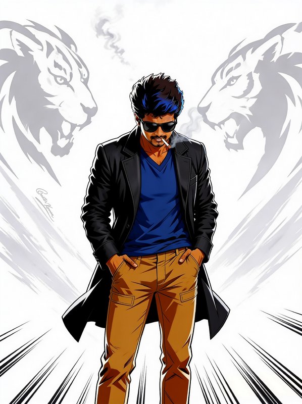 Stylized comic fan art of actor Vijay standing with hands in pockets, flanked by roaring tiger si...