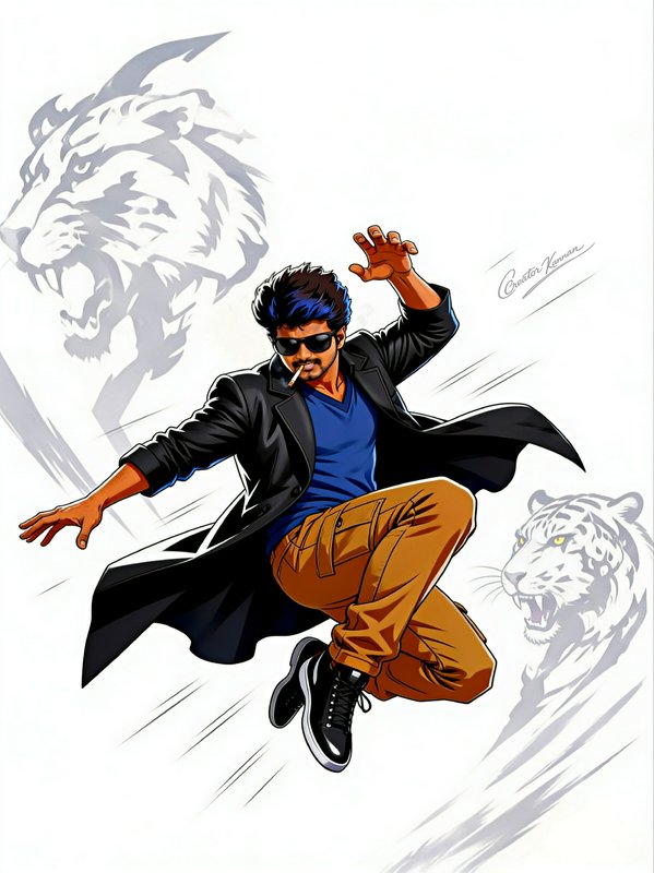Dynamic pop art illustration of actor Vijay in mid-jump pose, framed by translucent roaring tiger...