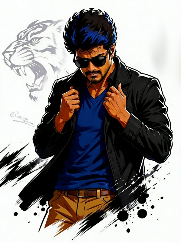 Stylized comic art portrait of a stylish South Indian mass hero with sunglasses, paired with a fa...