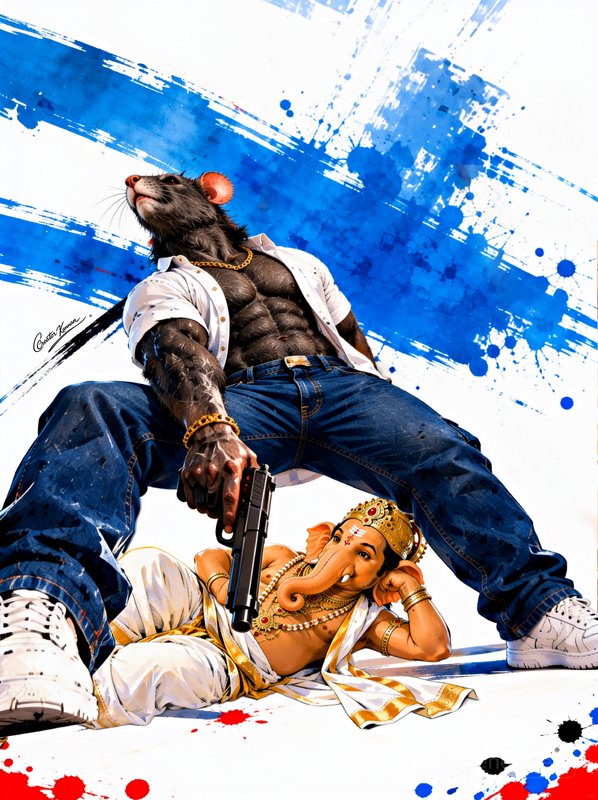 Low angle surreal illustration of muscular anthropomorphic rat with gun standing over reclining L...