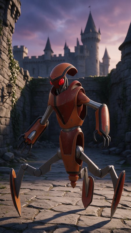 Orange armored robot with glowing red eyes stands mid-stride in a medieval castle courtyard at dusk