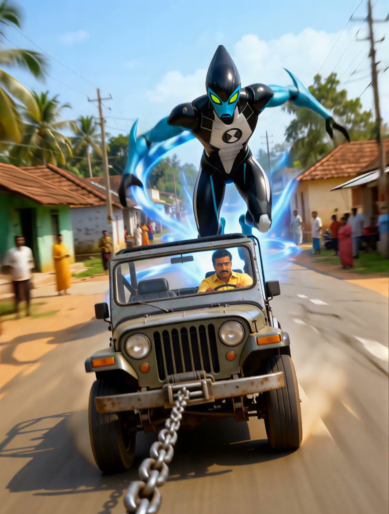 Ben 10 XLR8 speedster alien hovers above a moving offroad jeep on a sunny Indian village road.