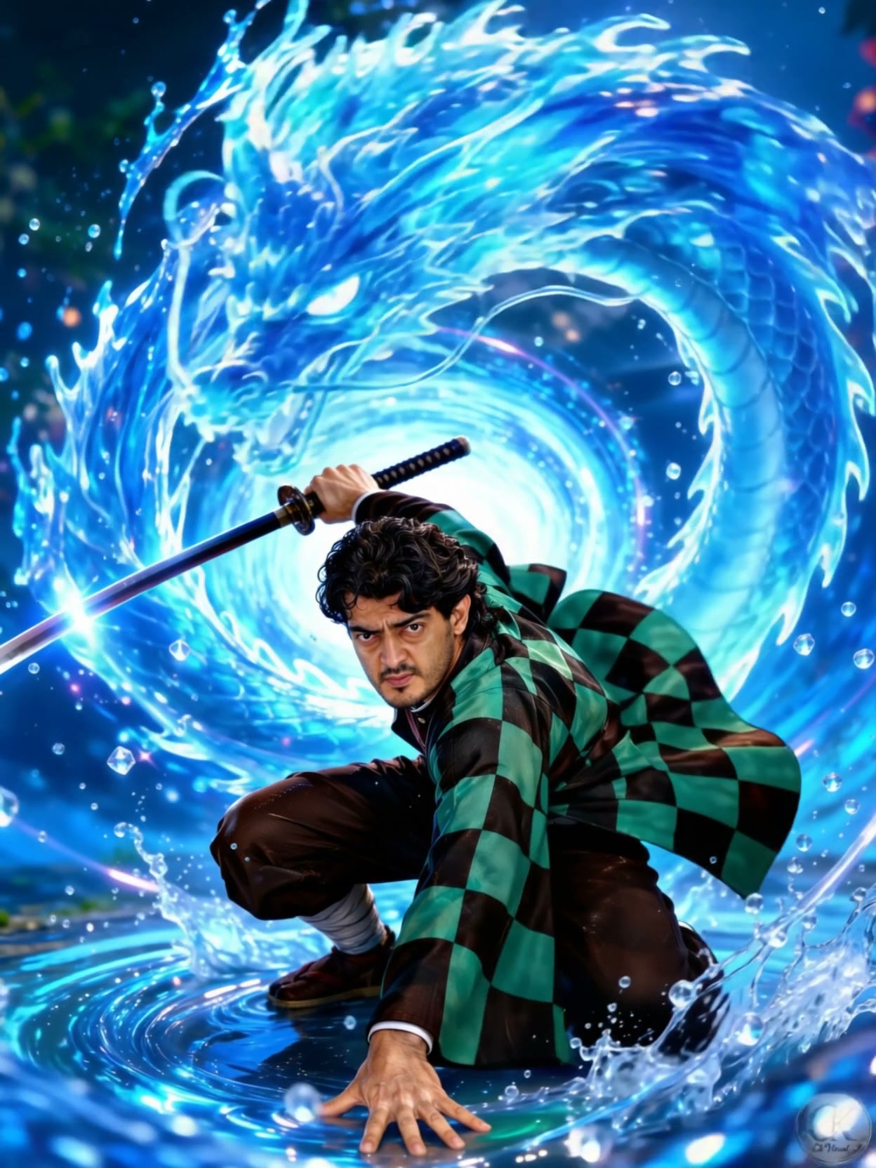 Realistic Tanjiro Kamado cosplayer crouched with a katana, glowing blue Water Breathing dragon sw...