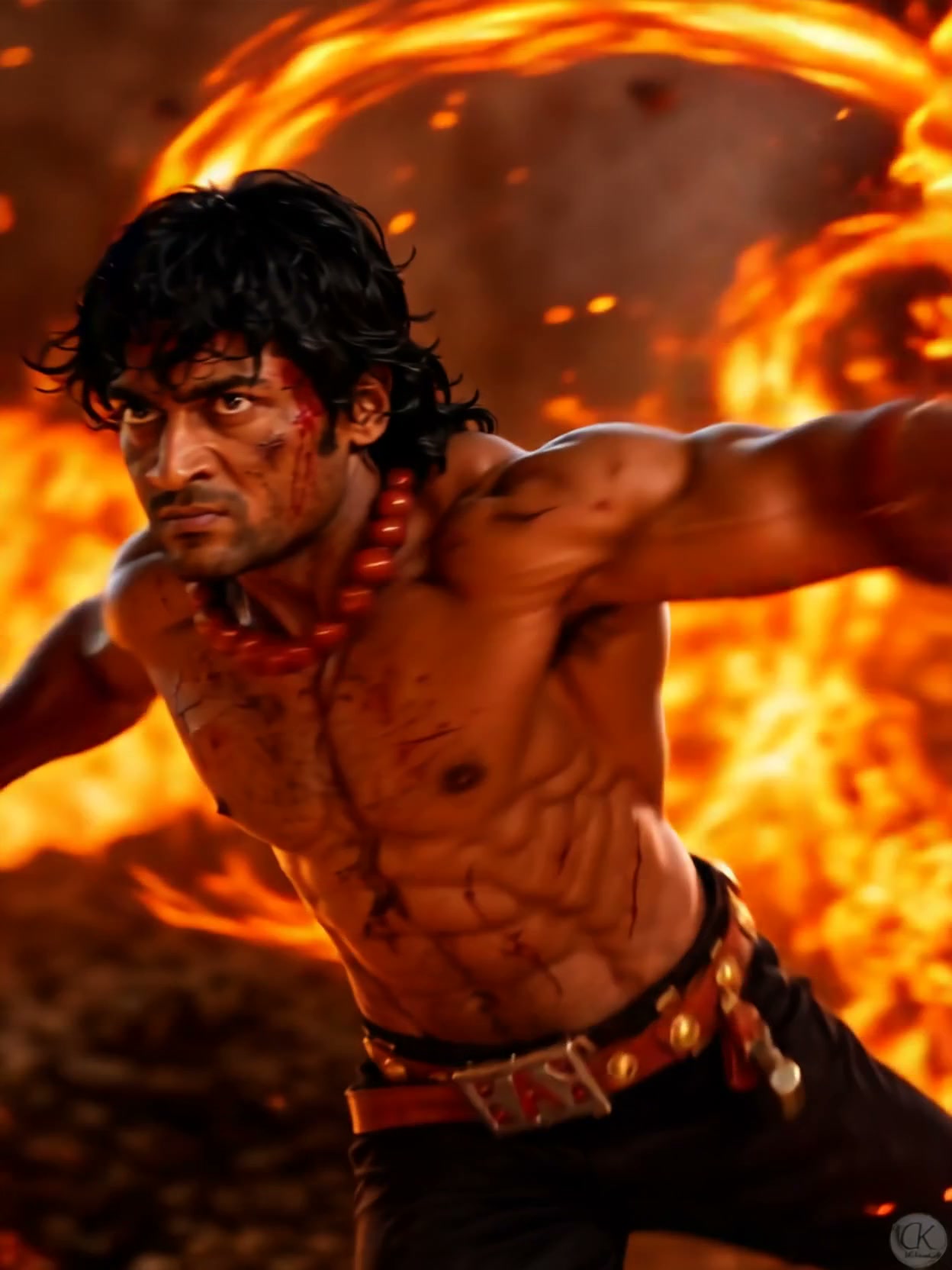 Realistic live-action Portgas D Ace in combat pose, battle-worn, surrounded by swirling fiery ora...