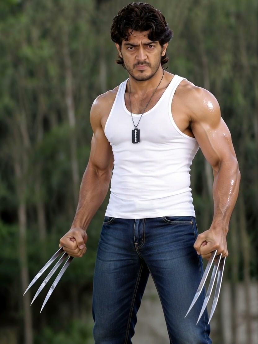 Muscular man with extended Wolverine-style metal claws, fierce expression, standing against blurr...