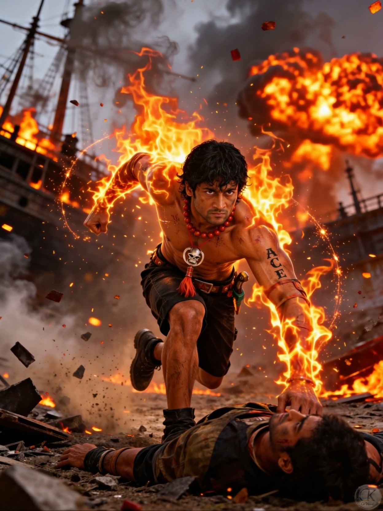 Realistic depiction of One Piece's Portgas D. Ace, flame-wreathed arms, rushing to save a fallen ...
