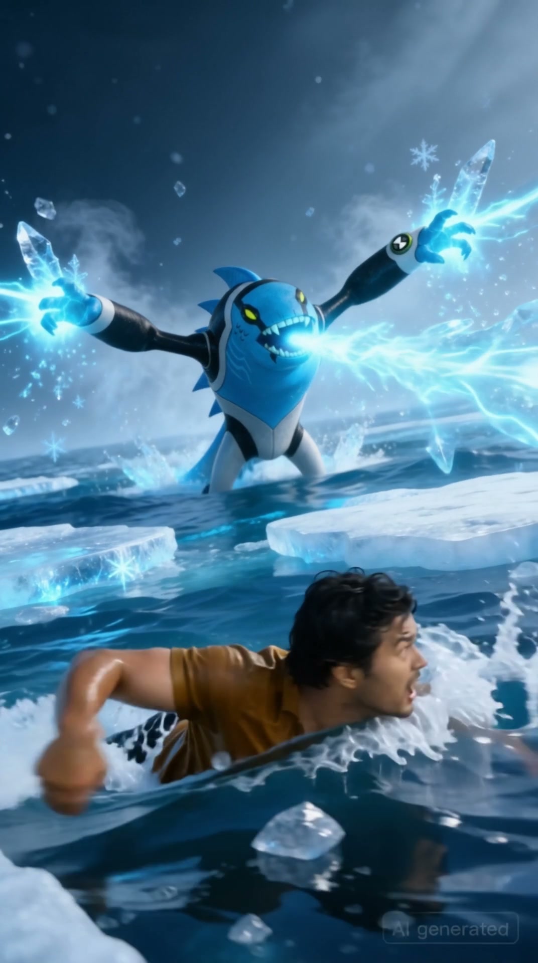 Realistic 3D Ben 10 Articguana alien uses ice powers against a man swimming in icy arctic ocean