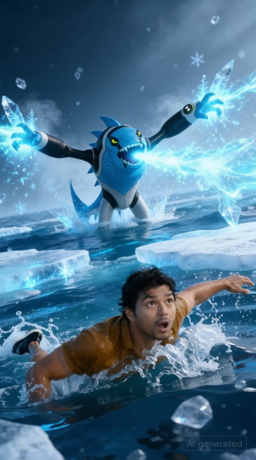 AI generated realistic art of a man swimming away from an ice-wielding blue Ben 10 alien in icy a...