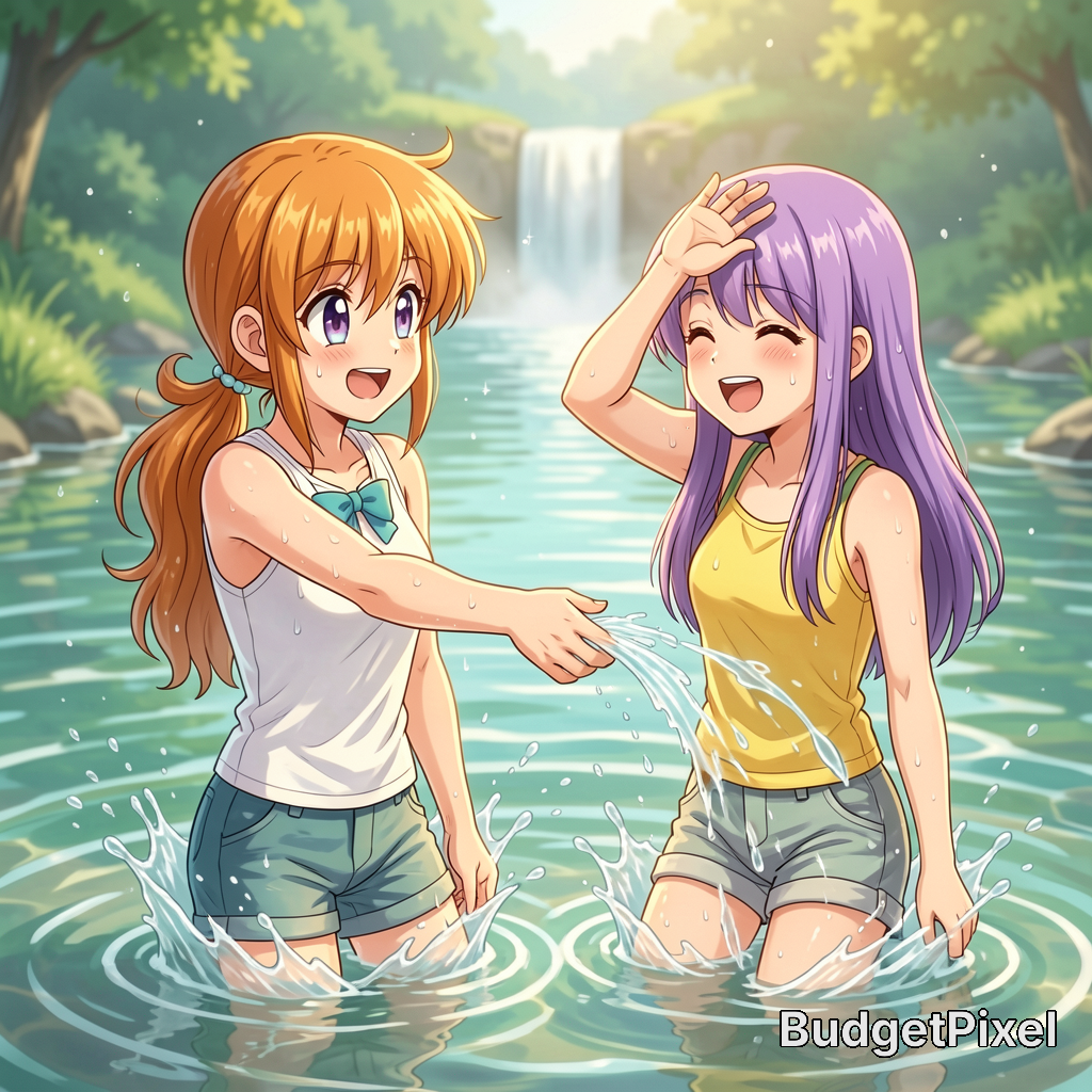 Two animated girls splash water in a clear river with a waterfall in the background.