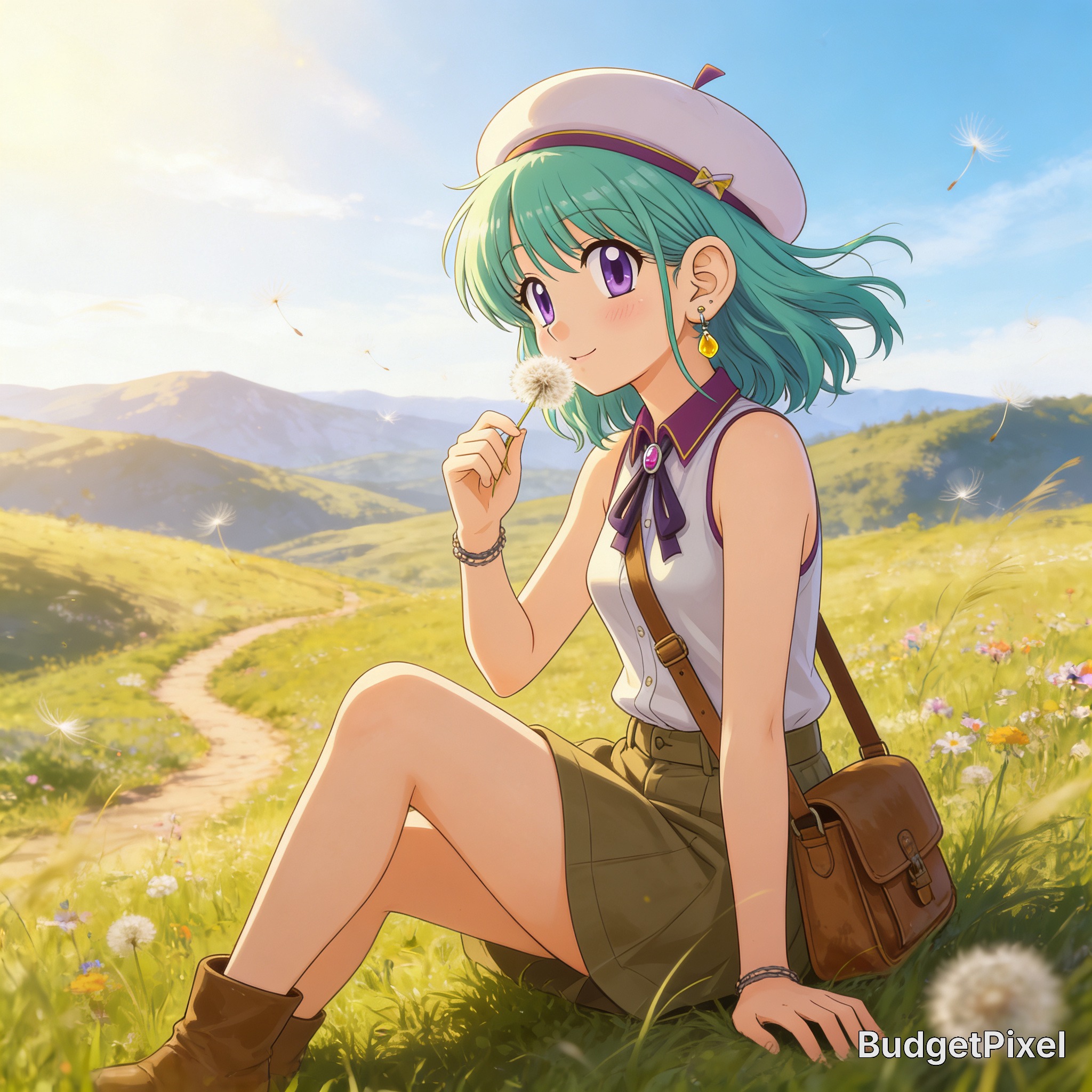 Anime-style girl with teal hair sitting in a sunny meadow, blowing on a dandelion.