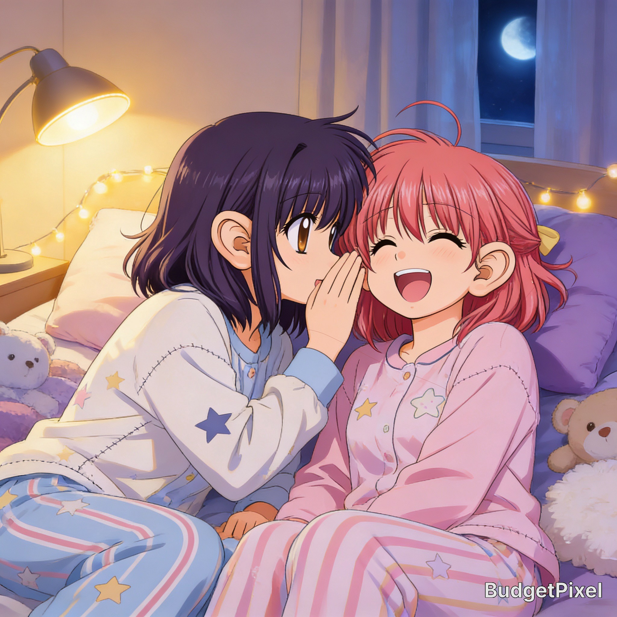 Two anime-style girls in pastel star pajamas sharing a secret in a cozy bedroom at night.