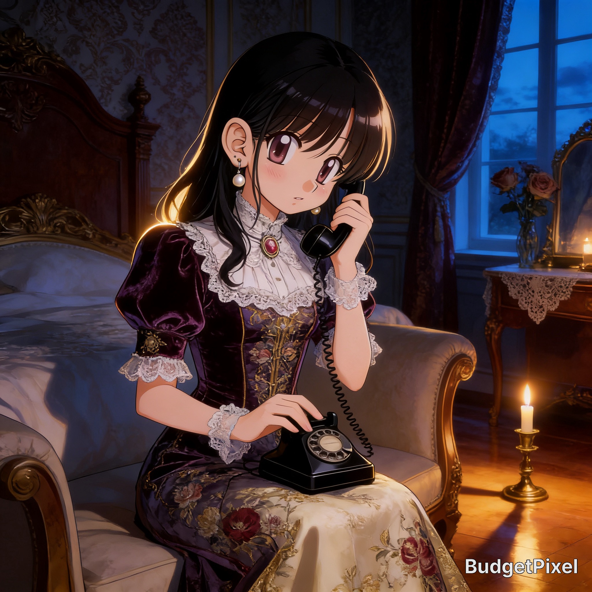 Anime-style girl in Victorian dress using a vintage rotary phone in a candlelit, ornate bedroom.