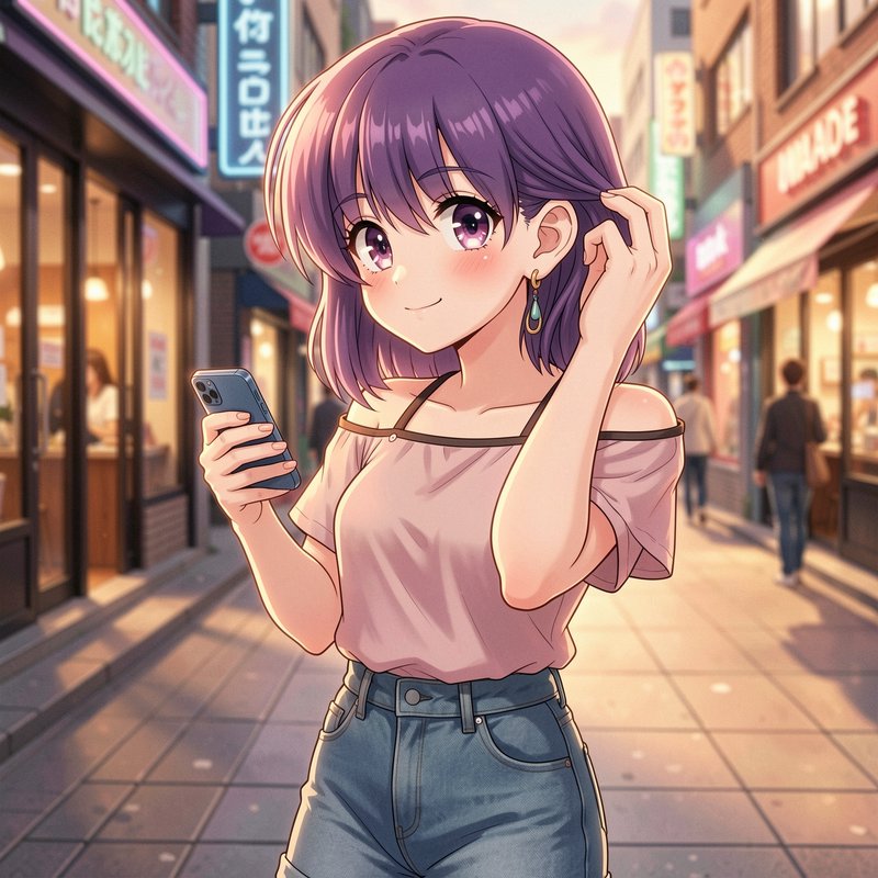 Anime-style girl with purple hair in a pink off-shoulder top and jeans holding a smartphone on a neon-lit city street.