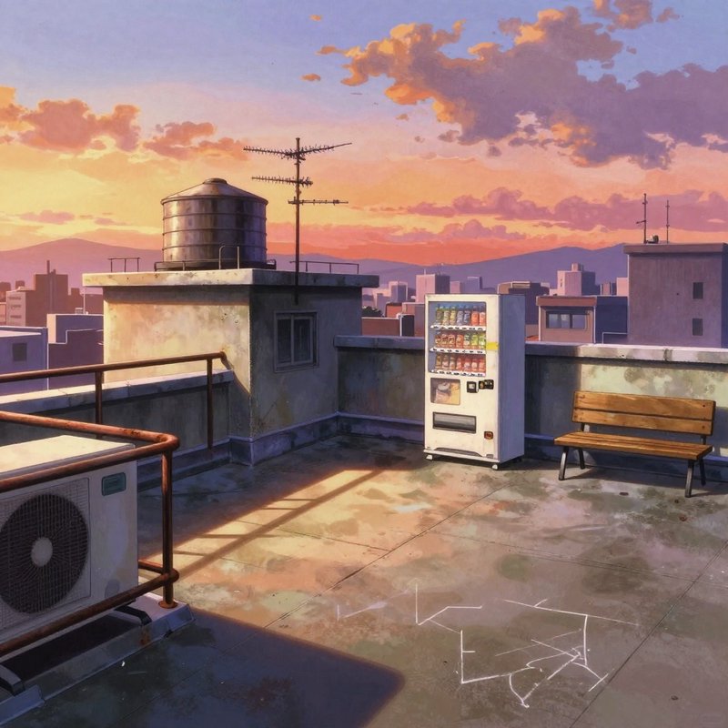 Rooftop patio with vending machine, bench, water tank, and chalk drawing at sunset overlooking city skyline.