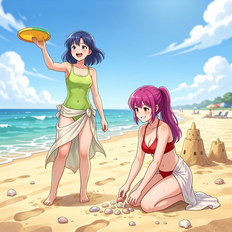 Two anime-style girls on a sunny beach; one tosses a frisbee while the other builds a sandcastle.