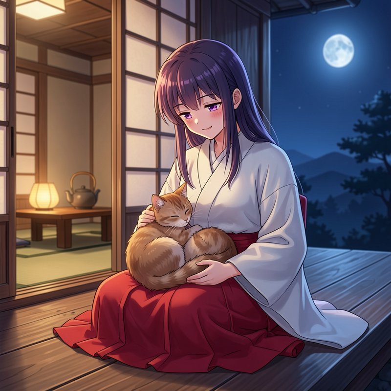 Anime-style girl in a white kimono with red sash cuddling a cat on a wooden veranda at night under a full moon.