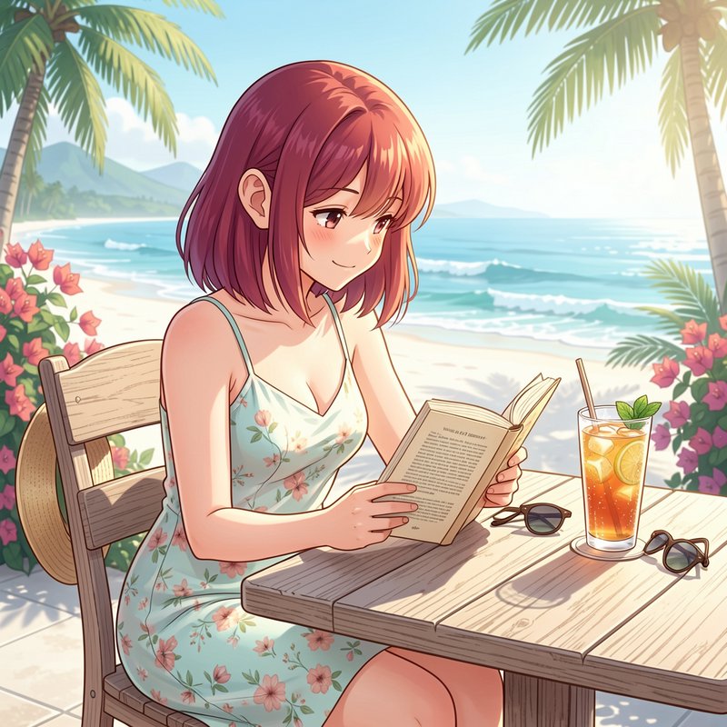 Anime-style girl with short red hair reading a book at a sunny tropical beach.