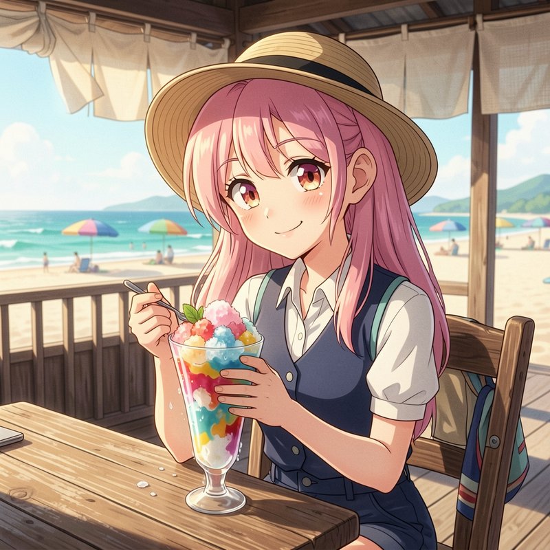 Anime girl with pink hair and straw hat enjoys a colorful ice cream parfait at a beachside cafe.